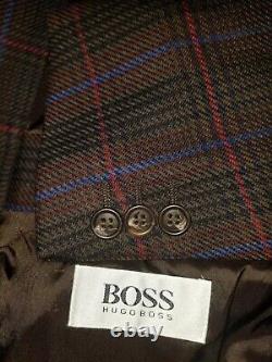 Vintage Hugo Boss Brown Red Blue Glen Plaid Tweed Jacket Blazer Sport Coat 42R