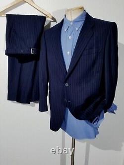 Vintage Lanvin flannel wool Navy Blue Striped 2pc Suit Jacket 40R Pants 36 X 29