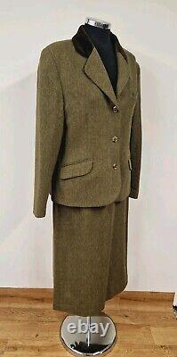 Vintage Laura Ashley Green Tweed Suit Size 16 Jacket & Skirt Herringbone Wool