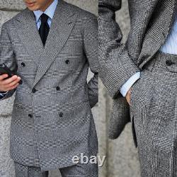 Vintage Men Suits Double Breasted Houndstooth Formal Prom Blazer Pants Tailored