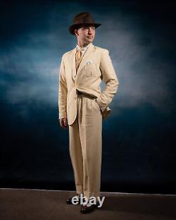 Vintage Men's Suits Linen Loose Fit Pant Causal Leisure Fit Business Formal Wear