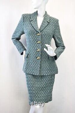 Vintage ST. JOHN COUTURE 2PC Set Jacket Skirt Suit Green Tweed Checkered 8