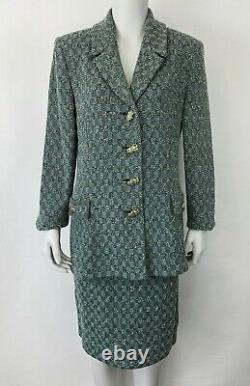 Vintage ST. JOHN COUTURE 2PC Set Jacket Skirt Suit Green Tweed Checkered 8