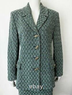 Vintage ST. JOHN COUTURE 2PC Set Jacket Skirt Suit Green Tweed Checkered 8