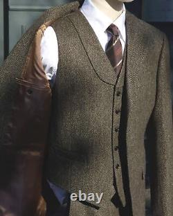 Vintage Tweed Men Suit 3 Pieces Jacket Business Herringbone Wedding Prom Blazer