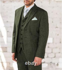 Vintage Tweed Men's Suit 3 Pcs Herringbone Casual Business Wedding Wear Blazers