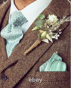 Vintage Tweed Men's Suit 3 Pcs Herringbone Casual Business Wedding Wear Blazers