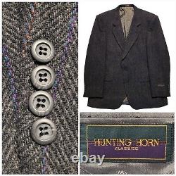 Vintage Tweed Sport Coat Men 44R Gray Suit Jacket Two Button Herringbone Blazer
