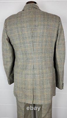 Vtg 1970s Charter Club Mens Glen Plaid Tweed Suit Wide Lapel Brown Green 40L