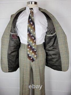 Vtg 1970s Charter Club Mens Glen Plaid Tweed Suit Wide Lapel Brown Green 40L