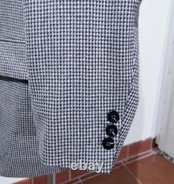 Vtg 52R Blue Black Cream Check Wool tweed Blazer Sport Coat Jacket