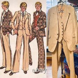 Vtg 70s The Men's Shop JCPenny 3 Piece Beige Tweed Plaid Summer Suit 42T 36x32