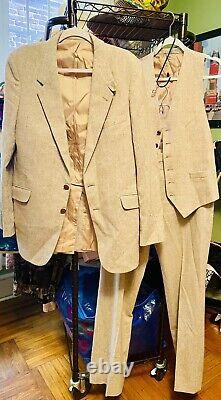 Vtg 70s The Men's Shop JCPenny 3 Piece Beige Tweed Plaid Summer Suit 42T 36x32