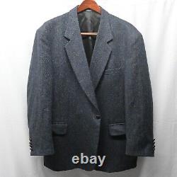 Vtg 90s 48R Navy Blue Herringbone Tweed Wool 2 Button Blazer Jacket Sport Coat