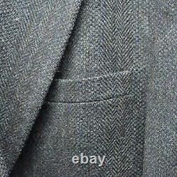 Vtg 90s 48R Navy Blue Herringbone Tweed Wool 2 Button Blazer Jacket Sport Coat