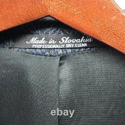 Vtg 90s 48R Navy Blue Herringbone Tweed Wool 2 Button Blazer Jacket Sport Coat