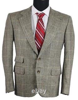 Vtg Brioni'Lucca' Beige Windowpane Flannel Wool Two Button Suit 38S 32x29