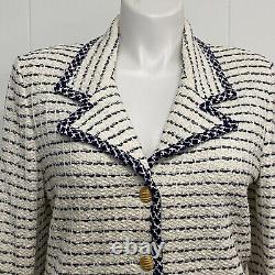 Vtg Castleberry Skirt Suit Women's 14 Ivory Blue Stripe Gold Button Knit Boucle