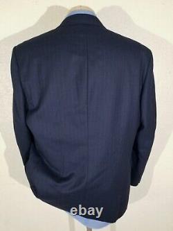 Vtg Hickey Freeman Navy Blue Stripe wool 46R Double Breasted Coat Blazer Jacket