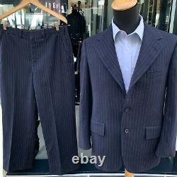 Vtg Hickey Freeman Suit Flannel Chalk stripe Three Roll Two 40R 34x28 Navy 60s