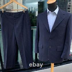 Vtg Hickey Freeman Suit Flannel Chalk stripe Three Roll Two 40R 34x28 Navy 60s