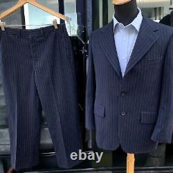 Vtg Hickey Freeman Suit Flannel Chalk stripe Three Roll Two 40R 34x28 Navy 60s