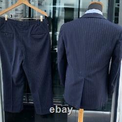 Vtg Hickey Freeman Suit Flannel Chalk stripe Three Roll Two 40R 34x28 Navy 60s