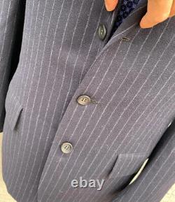 Vtg Hickey Freeman Suit Flannel Chalk stripe Three Roll Two 40R 34x28 Navy 60s