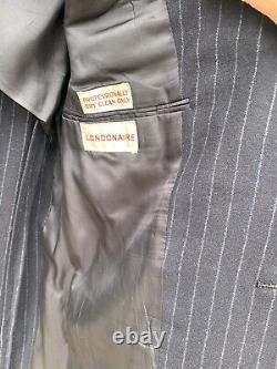 Vtg Hickey Freeman Suit Flannel Chalk stripe Three Roll Two 40R 34x28 Navy 60s