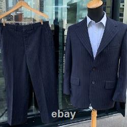 Vtg Hickey Freeman Suit Flannel Chalk stripe Three Roll Two 40R 34x28 Navy 60s