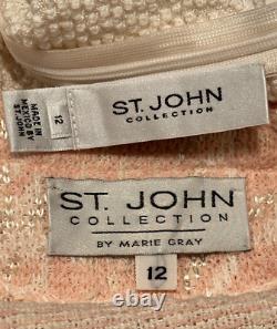 Vtg ST JOHN Size 12/Large Pink White Wool-Blend Stretch Knit Boucle Skirt Suit