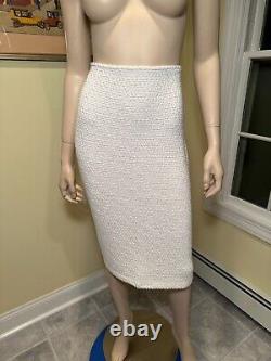 Vtg ST JOHN Size 12/Large Pink White Wool-Blend Stretch Knit Boucle Skirt Suit